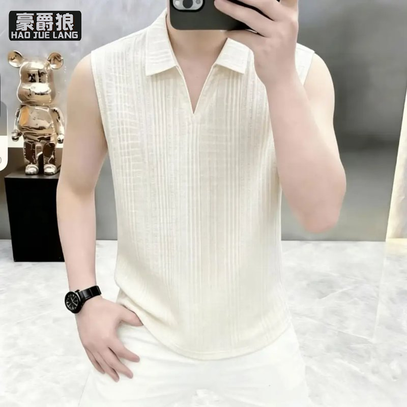 13633554.翻领背心男夏季潮牌无袖T恤宽松凉感格纹汗衫冰丝户外运动坎肩男