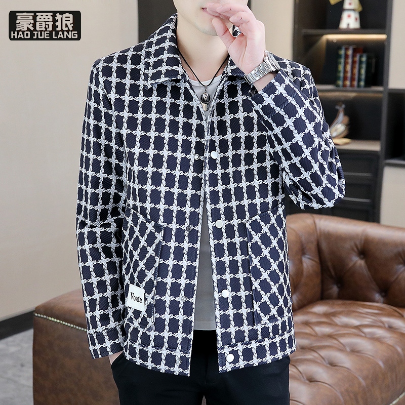 13633612.小香风格子外套男春秋季新款翻领衬衫式夹克男帅气高级感秋装上衣