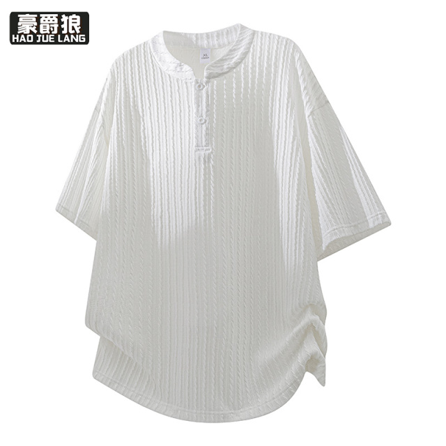 13633605.美式潮牌复古老钱风短袖亨利领宽松休闲百搭舒适时尚T恤