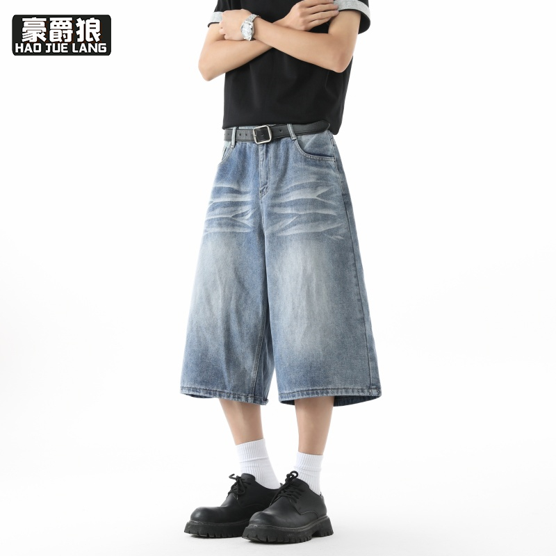 13633539.美式高街水洗牛仔短裤男士新款七分裤青少年宽松直筒百搭裤子