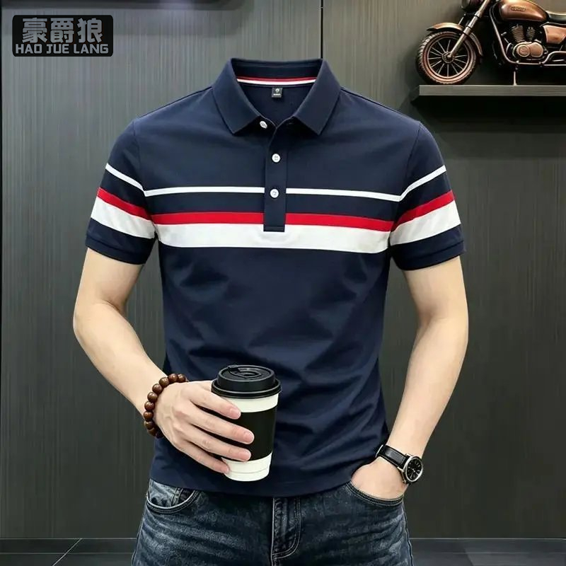 13633515.夏季新款撞色条纹翻领POLO衫男短袖商务休闲宽松百搭潮流上衣