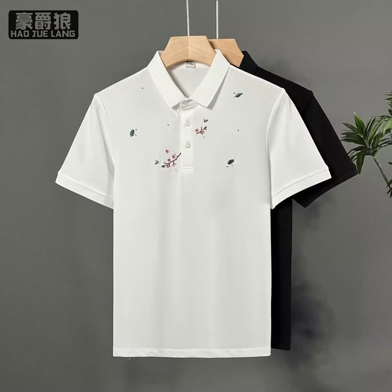 13633557.流行梅花刺绣短袖polo衫男高端痞帅翻领t恤夏季新款男士半袖