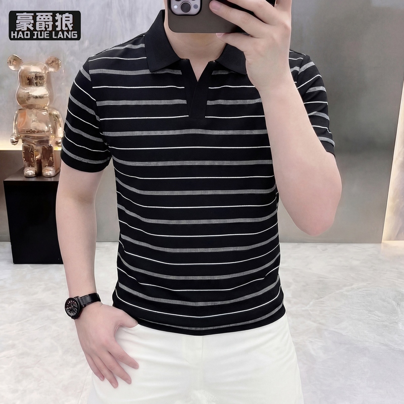13633513.青年痞帅欧洲站条纹短袖POLO衫夏季男士高级潮流薄款透气翻领t恤
