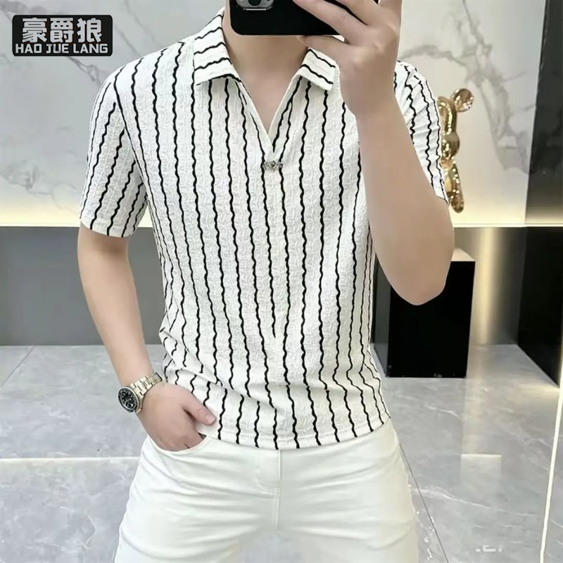 13633544.老钱风男士高质量短袖翻领POLO衫夏季条纹修身时尚高级感上衣短T