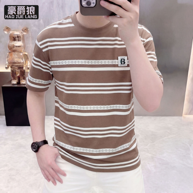 13633535.高端条纹短袖t恤男时尚新款夏季薄款透气潮流提花圆领男士半袖棉