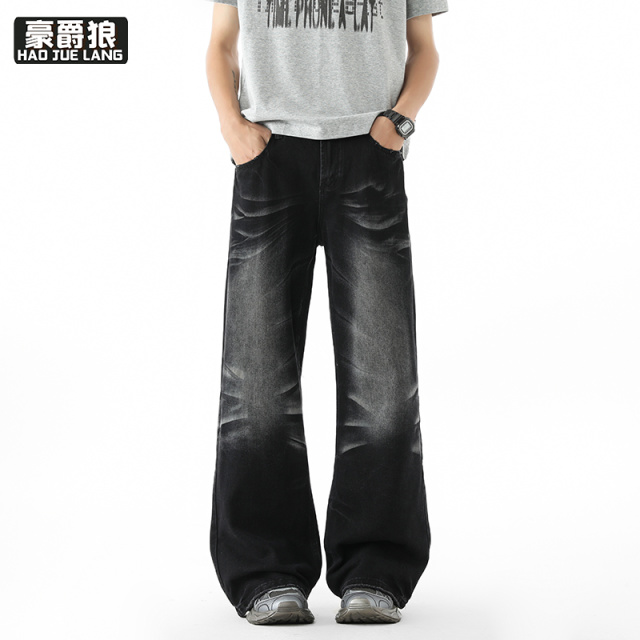 13633599.美式廓形弯刀牛仔裤男春夏季复古潮流宽松休闲直筒长裤