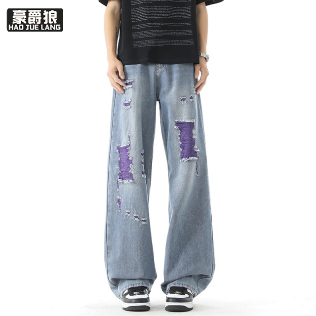 13633547.夏季美式高街设计感破洞直筒牛仔裤男士宽松立体剪裁潮流百搭长裤
