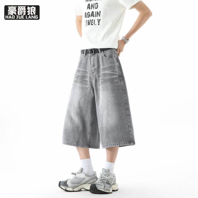 13633539.美式高街水洗牛仔短裤男士新款七分裤青少年宽松直筒百搭裤子