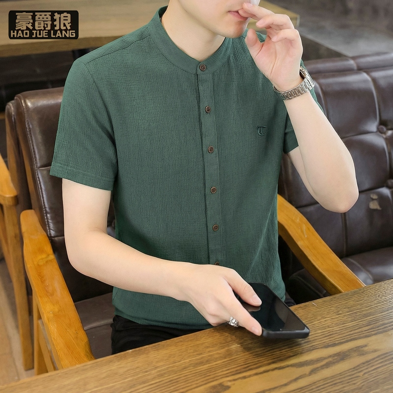 13633528.小立领短袖衬衫男士轻熟风休闲时尚国风衬衣透气夏季寸衫男