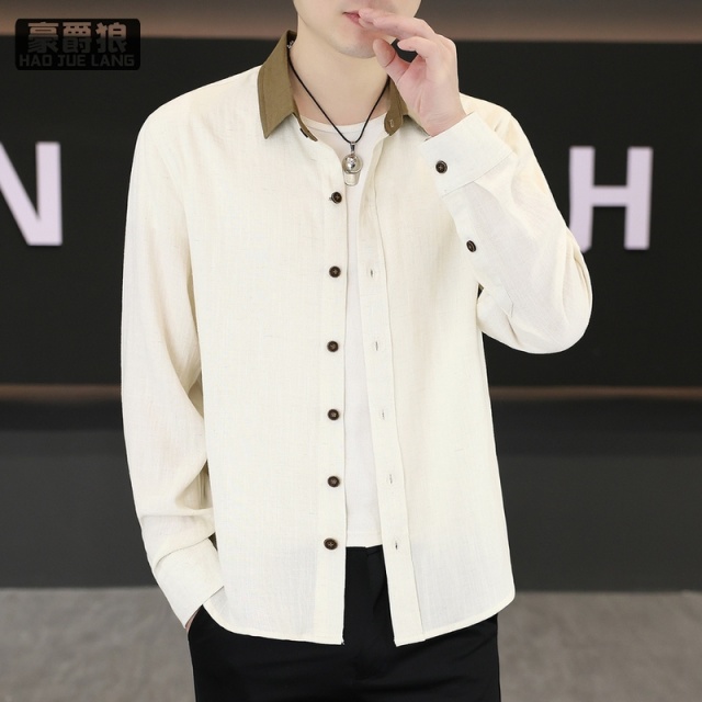 13633519.青年修身翻领棉麻长袖薄款衬衫春季男士休闲韩版潮流衬衣春夏上衣