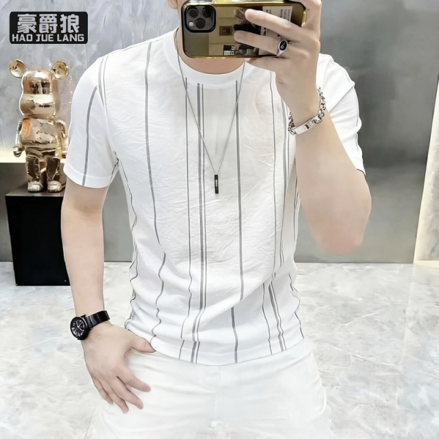 13633533.高档男士短袖t恤夏季新款棉麻薄款上衣修身半袖体恤圆领潮流衣服
