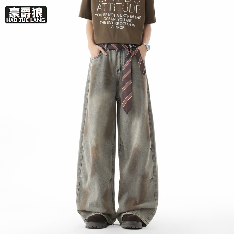 13633549.美式复古弯刀裤做旧水洗牛仔裤男女潮牌痞帅百搭宽松休闲阔腿裤