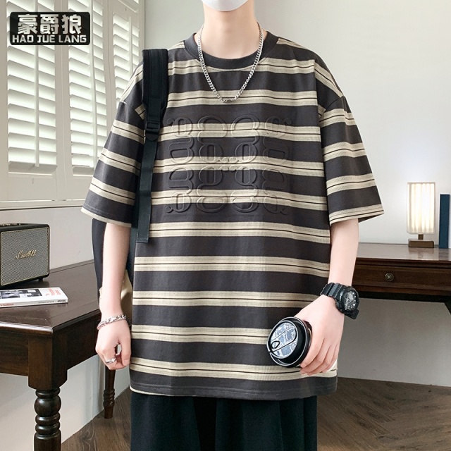 13633560.重磅圆领短袖男夏季潮牌美式立体印花条纹t恤男半袖宽松休闲体恤