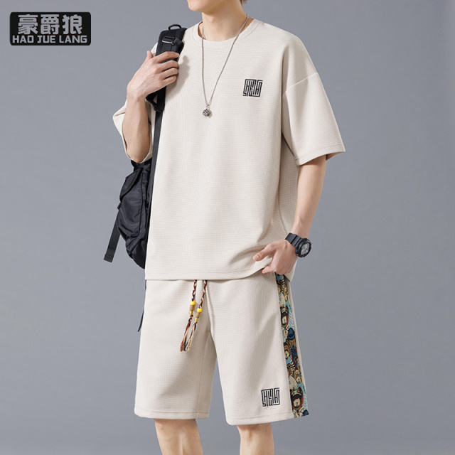 13633582.套装男士夏季休闲短袖短裤男生酷帅穿搭大码运动服一整套