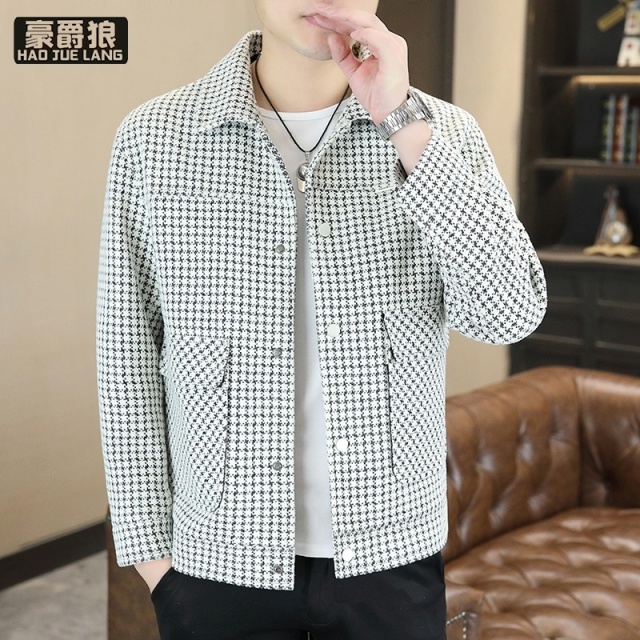 13633541.春秋千鸟格外套男士小香风短款大衣薄款时尚百搭休闲夹克男
