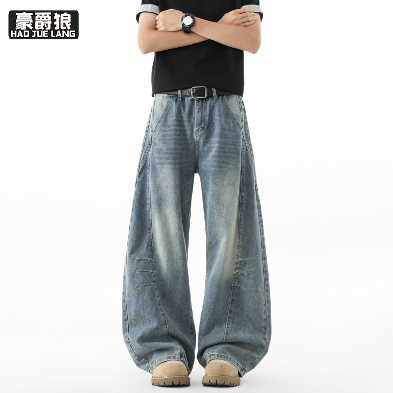 13633597.美式水洗弯刀牛仔裤男士夏季新款拼接复古潮流宽松休闲直筒长裤