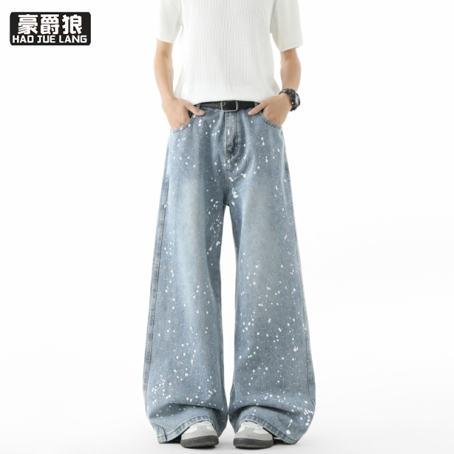 13633583.美式潮流泼墨牛仔裤男士满天星夏季高街做旧宽松直筒裤子