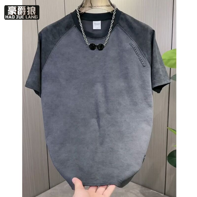 13633570.夏季新款时尚撞色圆领短袖扎染休闲百搭半袖男士字母钢印T恤