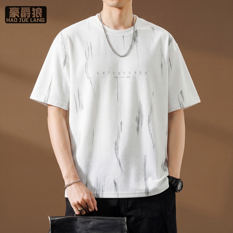 13633579.男士短袖T恤仿棉麻料夏季新款潮流印花圆领宽松百搭修身上衣