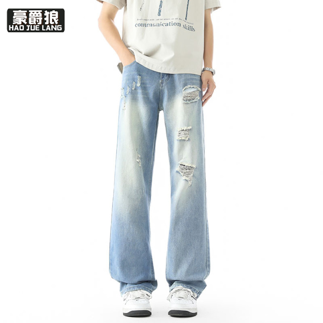 13633551.美式高街破洞牛仔裤男款夏季薄款水洗直筒宽松休闲长裤子