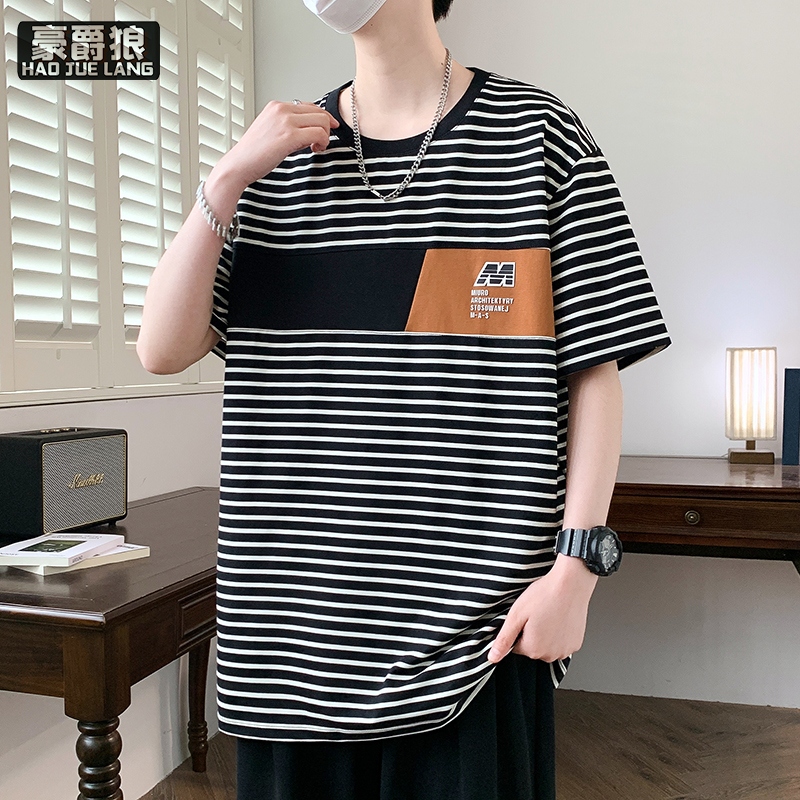 13633561.高档短袖T恤夏季男士新款时尚帅气圆领条纹半袖潮流休闲百搭上衣