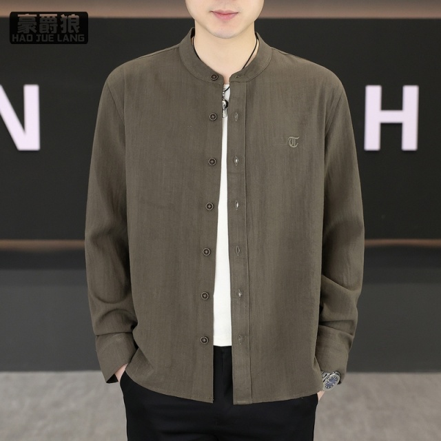 13633516.长袖男士休闲棉麻衬衫春秋季宽松立领薄中式百搭衬衣外套唐装汉服