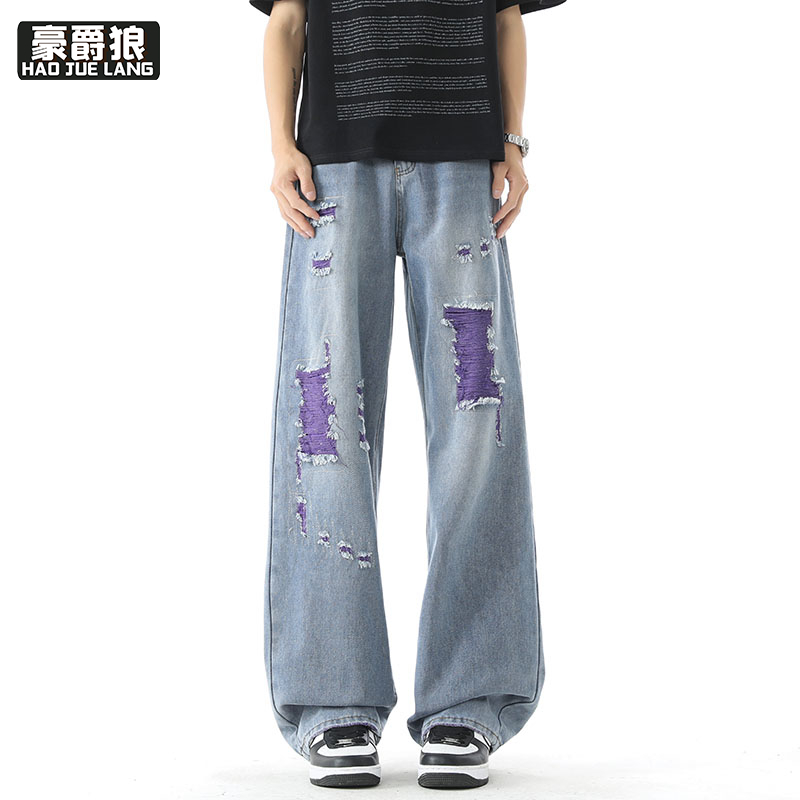 13633547.夏季美式高街设计感破洞直筒牛仔裤男士宽松立体剪裁潮流百搭长裤