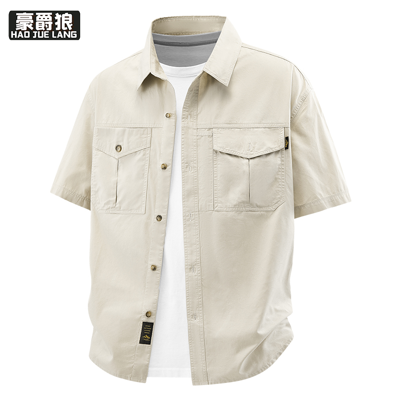 13633523.夏季纯棉男士短袖衬衫男新款多口袋工装休闲翻领薄款衬衣寸衫