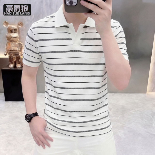 13633513.青年痞帅欧洲站条纹短袖POLO衫夏季男士高级潮流薄款透气翻领t恤