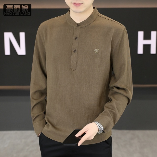 13633517.棉麻青年春季长袖t恤修身痞帅薄款春夏男装上衣韩版潮流仿亚麻体恤