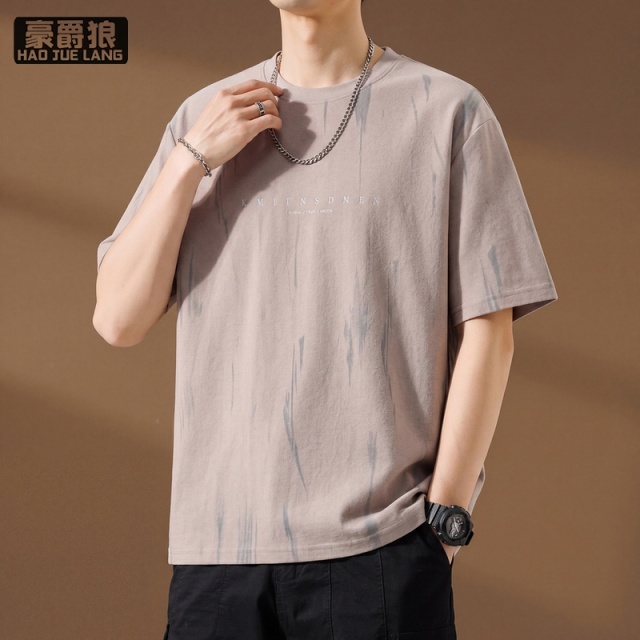 13633579.男士短袖T恤仿棉麻料夏季新款潮流印花圆领宽松百搭修身上衣