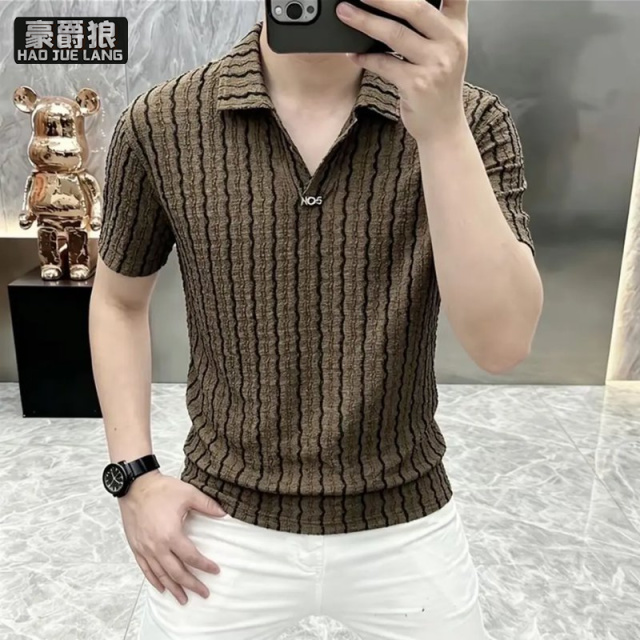 13633544.老钱风男士高质量短袖翻领POLO衫夏季条纹修身时尚高级感上衣短T