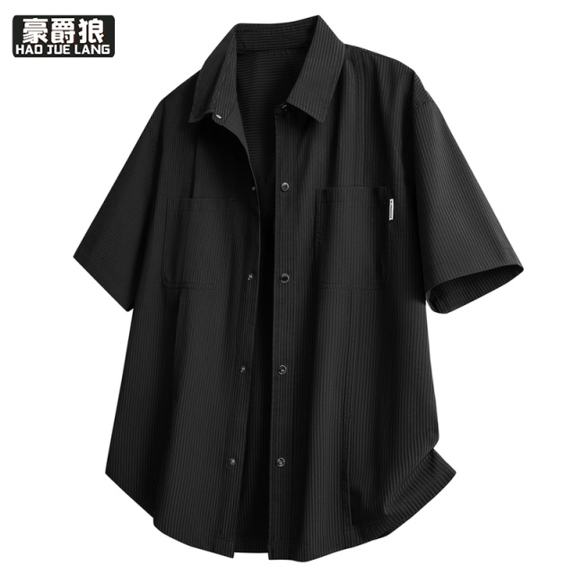 13633521.夏季新款男装短袖衬衫潮流痞帅高级感时尚简约宽松半袖衬衣
