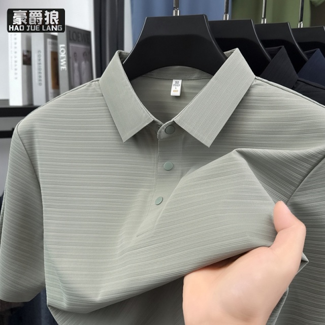 13633543.高端免烫冰丝短袖条纹polo衫男夏季薄款宽松弹力商务休闲翻领t恤