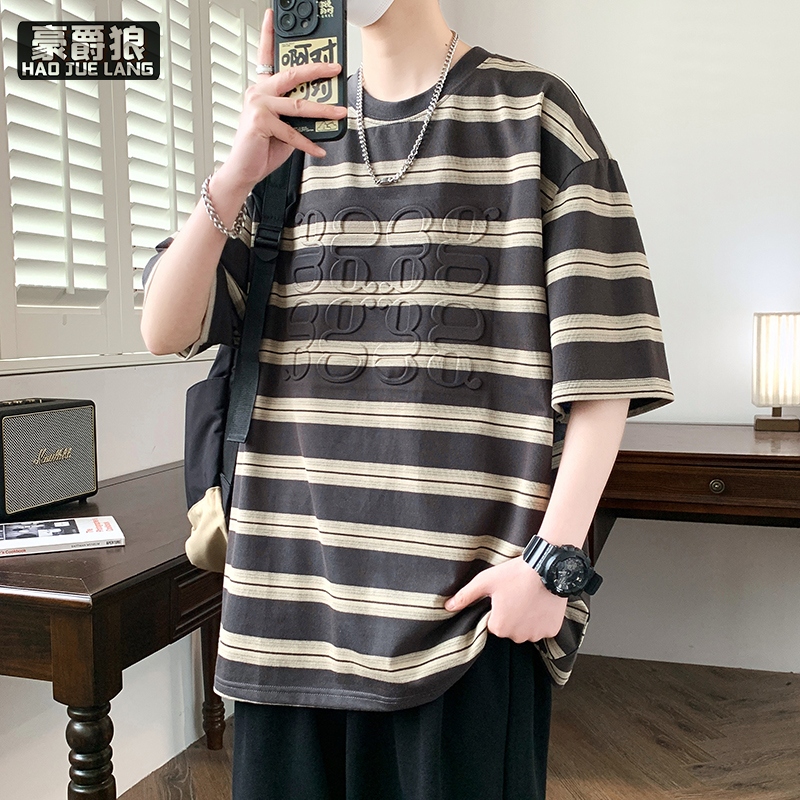 13633560.重磅圆领短袖男夏季潮牌美式立体印花条纹t恤男半袖宽松休闲体恤