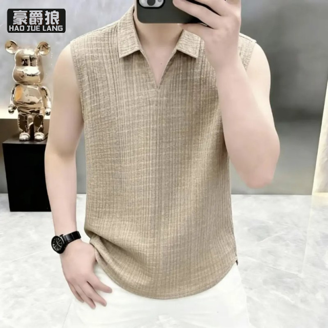 13633554.翻领背心男夏季潮牌无袖T恤宽松凉感格纹汗衫冰丝户外运动坎肩男