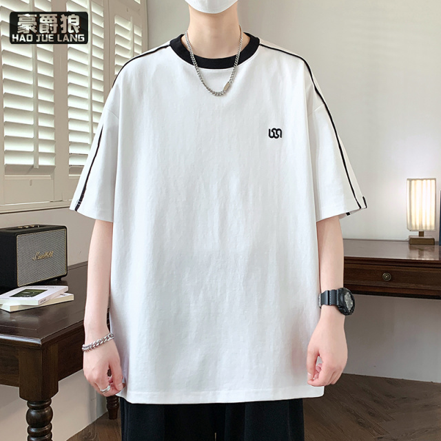 13633616.美式短袖t恤男夏季新款条纹宽松半袖上衣服男士潮牌刺绣休闲体恤