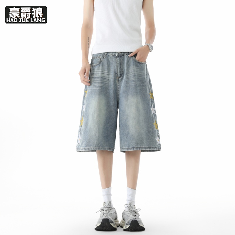 13633512.美式星星刺绣水洗牛仔七分裤男女宽松直筒休闲阔腿百搭高街短裤子
