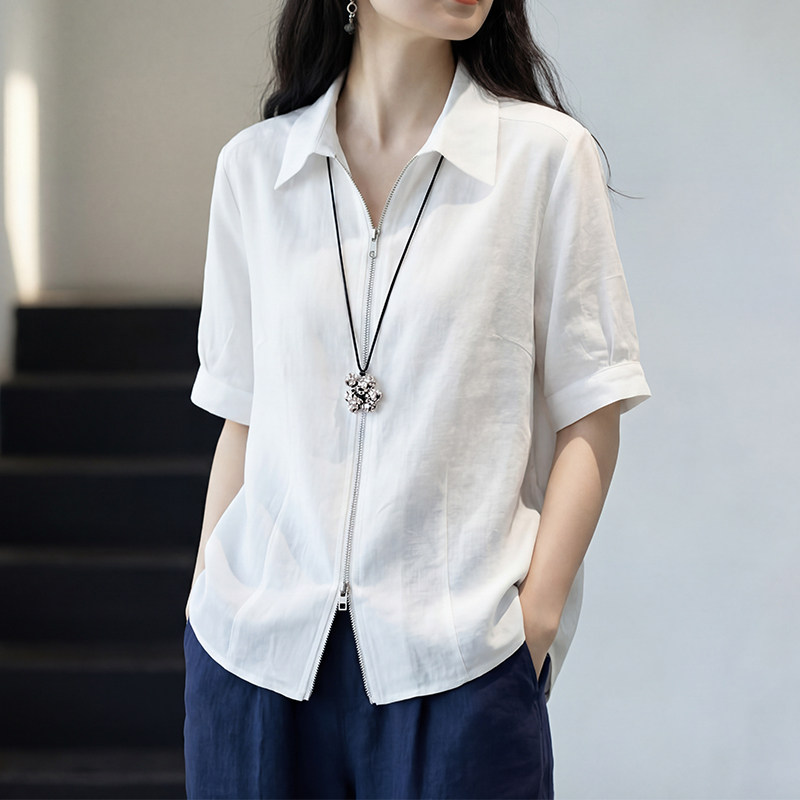 13634209.丹芙娅白色翻领衬衫女短袖2026夏季新款洋气减龄宽松显瘦设计感拉链上衣