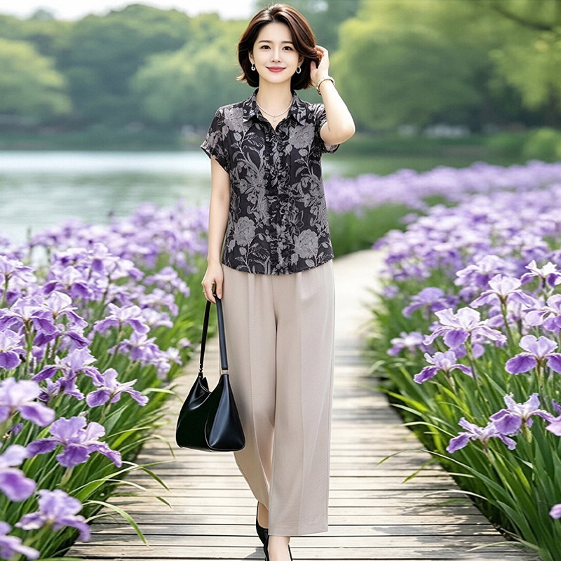 13634562.妈妈装夏季翻领花色时尚衬衫+裤子休闲两件套装Q6FSS2616