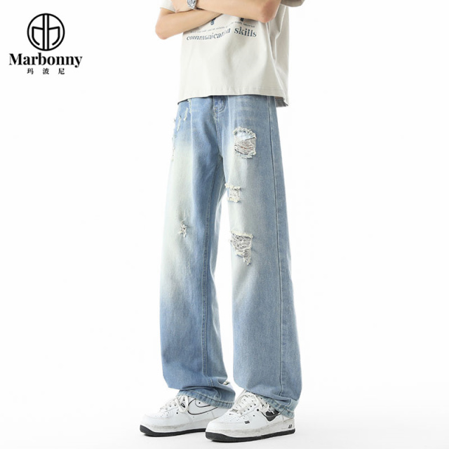13637219.夏季青少年大童男士牛仔裤休闲破洞直筒裤