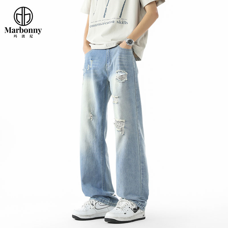 13637219.夏季青少年大童男士牛仔裤休闲破洞直筒裤