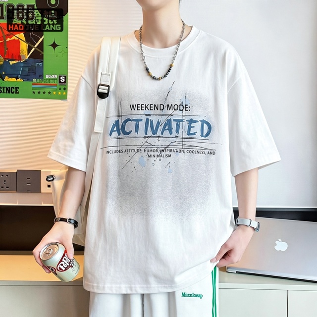 13654428.青少年夏季款凉感男士短袖T恤美式休闲潮流百搭宽松印花学生半袖