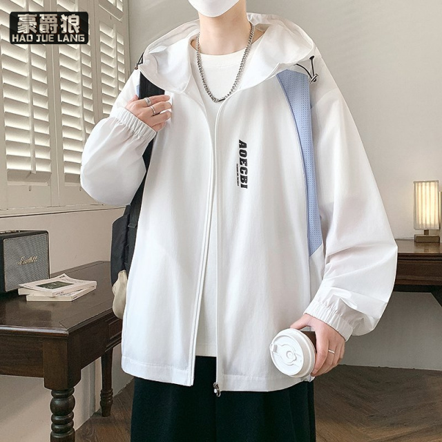 13654422.冰丝凉感外套男连帽夏季新款撞色拼接字母夹克网眼透气轻薄户外服