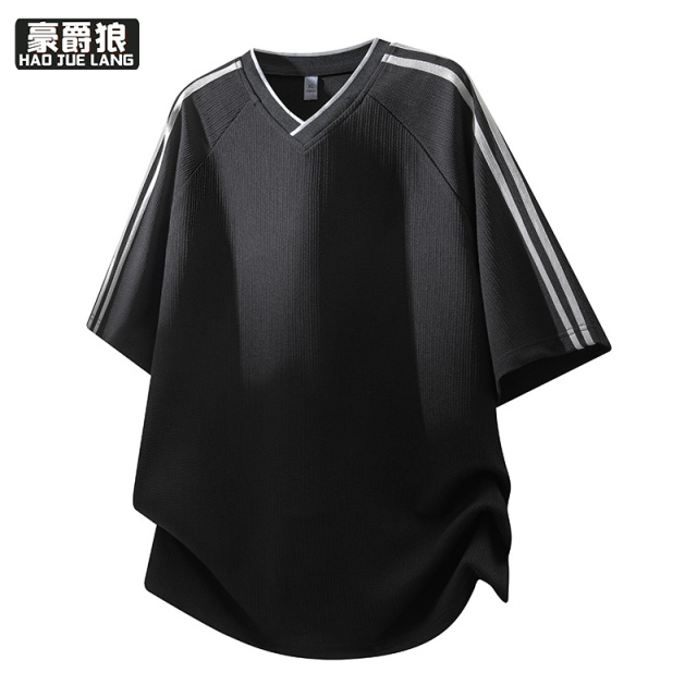 13654452.美式风冰丝短袖男夏季新款潮牌条纹凉感半袖宽松青少年透气T恤衫