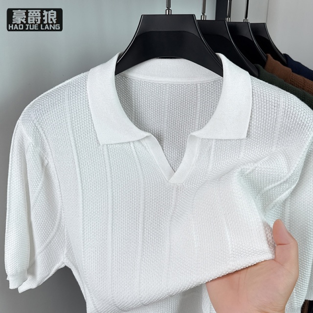 13654410.夏季薄款冰丝短袖针织polo衫男士时尚简约弹力修身纯色翻领上衣帅