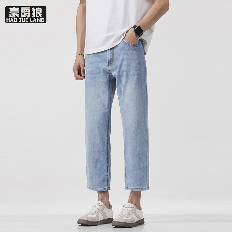 13654388.新款八分牛仔裤男弹力小个子宽松直筒夏季薄款潮牌休闲八分裤