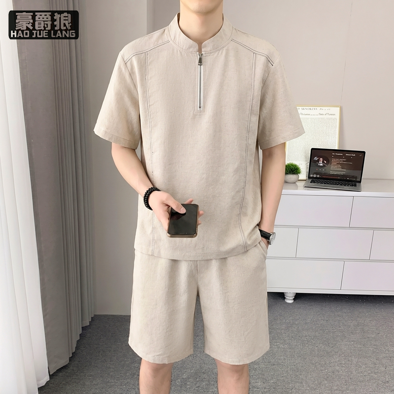 13654370.立领短袖套装男士夏季休闲运动潮流半拉链冰丝亚麻T恤短裤两件套