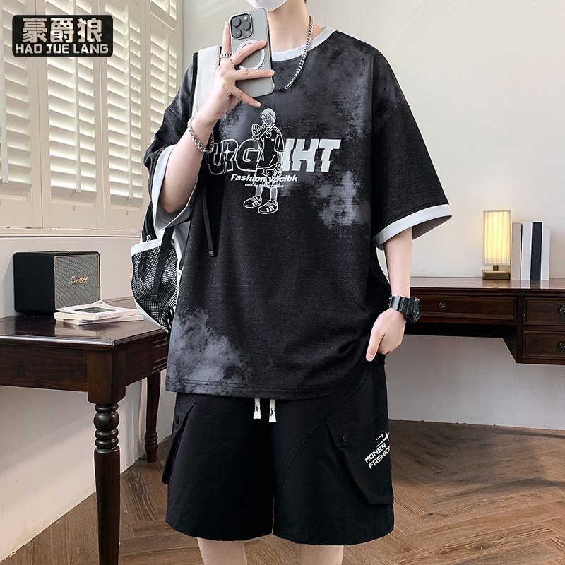 13654471.夏季短袖T恤短裤两件套男休闲时尚薄款宽松扎染印花运动套装