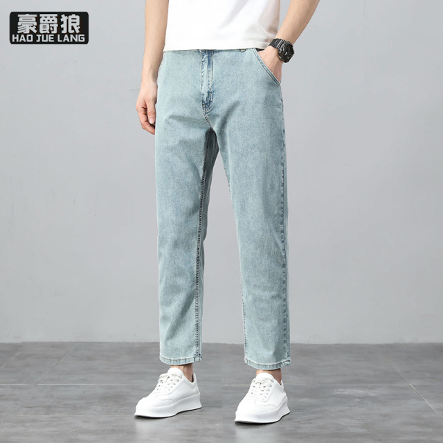 13654377.春夏新款牛仔裤纯棉九分裤男修身直筒弹力九分水洗牛仔裤潮